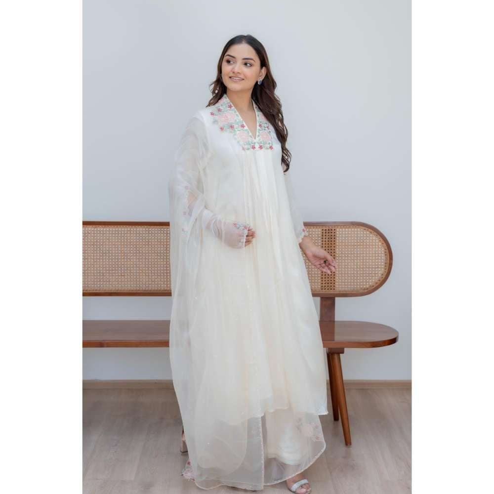 MINSH White Snow Petal Anarkali with Pant and Dupatta