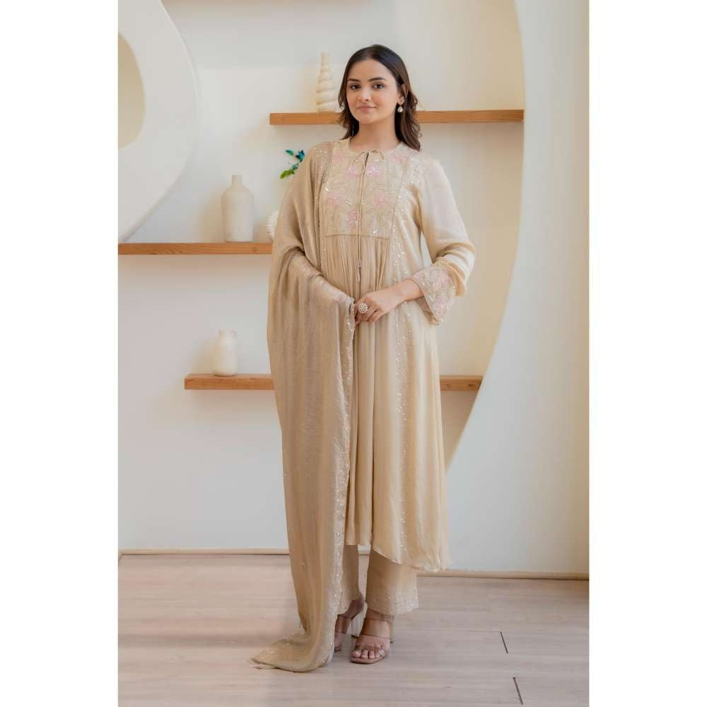 MINSH Beige Sand Dust Anarkali with Pant and Dupatta