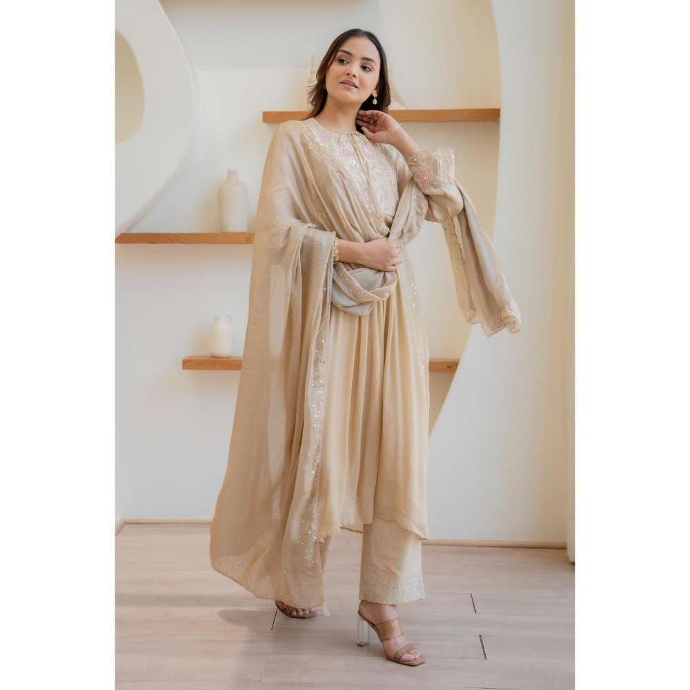 MINSH Beige Sand Dust Anarkali with Pant and Dupatta