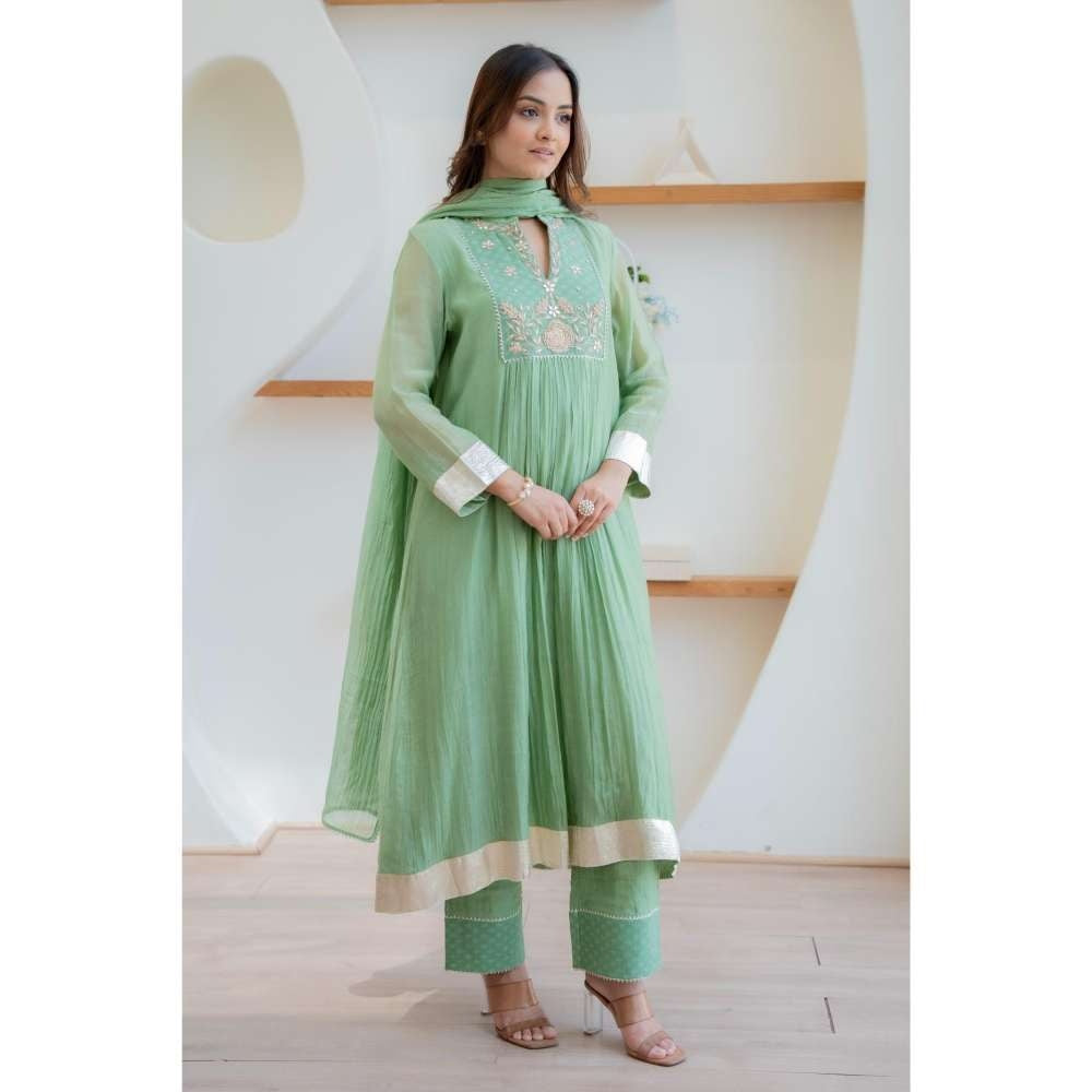 MINSH Green Ember Leaf Anarkali with Pant and Dupatta