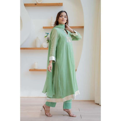 MINSH Green Ember Leaf Anarkali with Pant and Dupatta