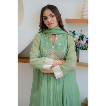 MINSH Green Ember Leaf Anarkali with Pant and Dupatta