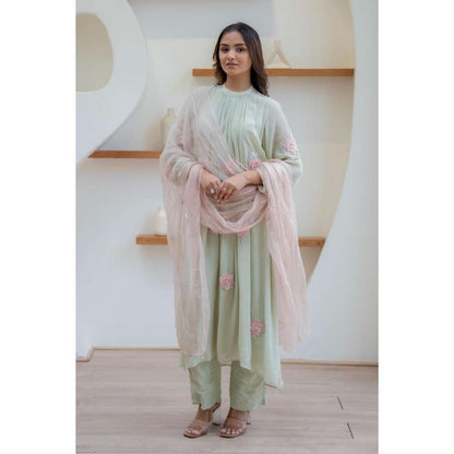 MINSH Green Ash Bloom Anarkali with Pant and Dupatta