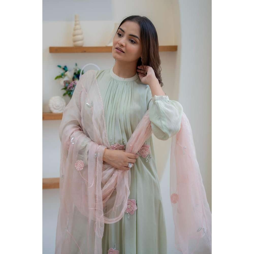 MINSH Green Ash Bloom Anarkali with Pant and Dupatta
