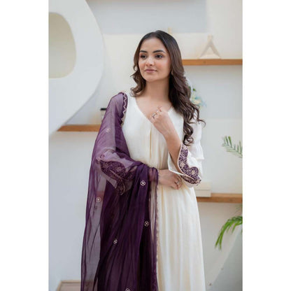 MINSH Cream Harmony Anarkali with Pant and Dupatta