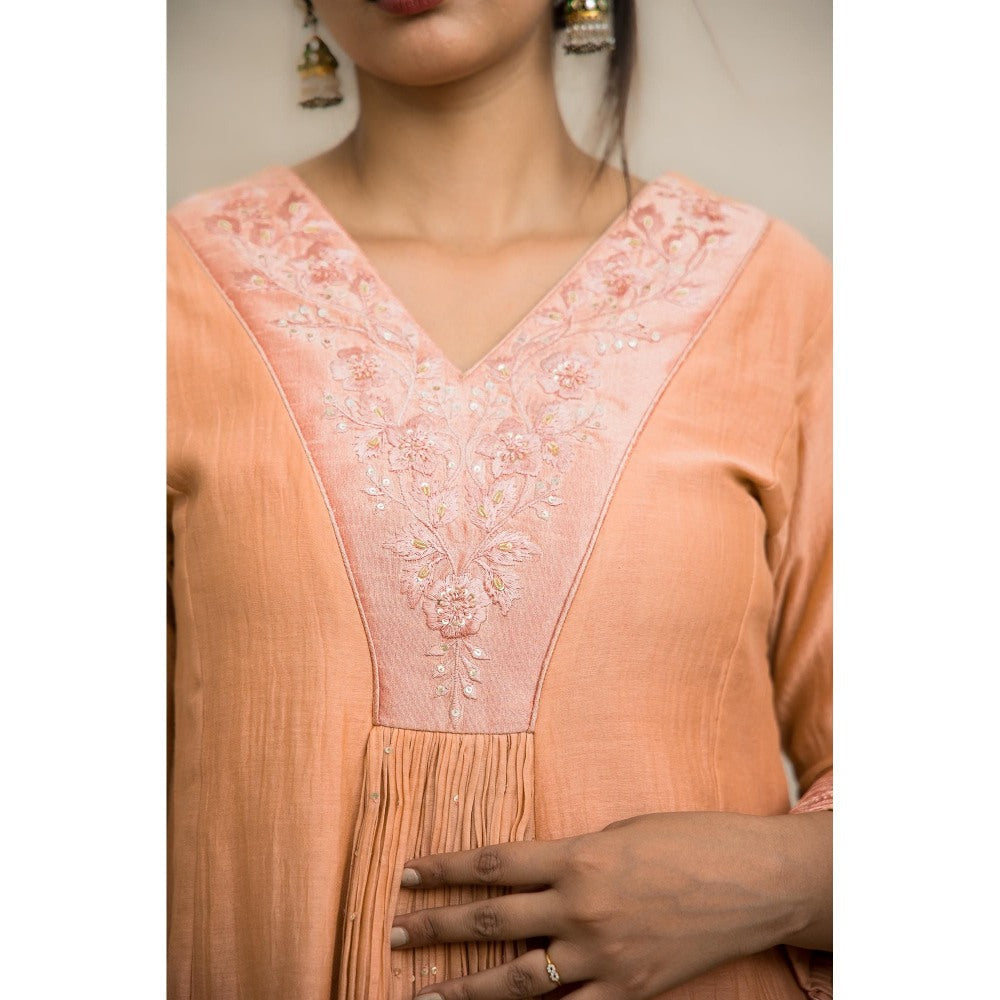 MITHI SUPARI Peach Parijat Anarkali Kurta with Pant and Dupatta (Set of 3)