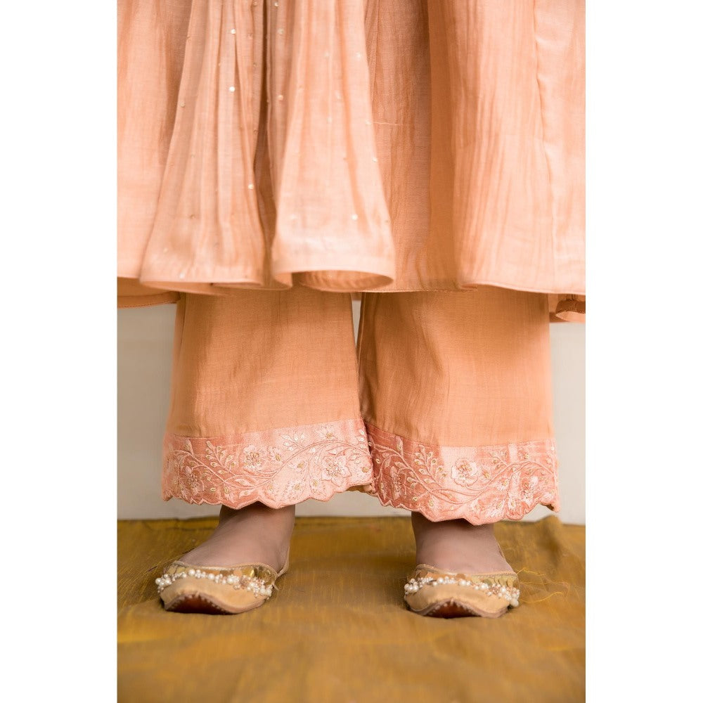 MITHI SUPARI Peach Parijat Anarkali Kurta with Pant and Dupatta (Set of 3)