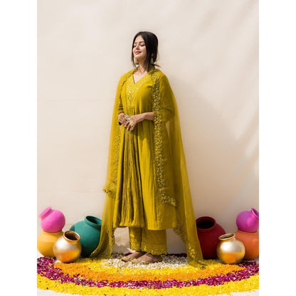 MITHI SUPARI Lime Parijat Anarkali Kurta with Pant and Dupatta (Set of 3)