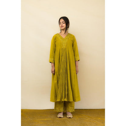 MITHI SUPARI Lime Parijat Anarkali Kurta with Pant and Dupatta (Set of 3)