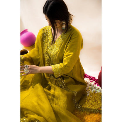 MITHI SUPARI Lime Parijat Anarkali Kurta with Pant and Dupatta (Set of 3)