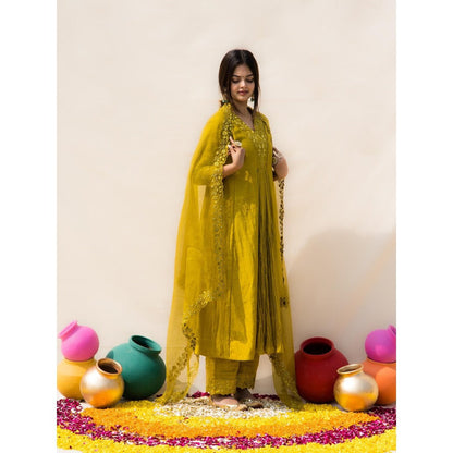 MITHI SUPARI Lime Parijat Anarkali Kurta with Pant and Dupatta (Set of 3)