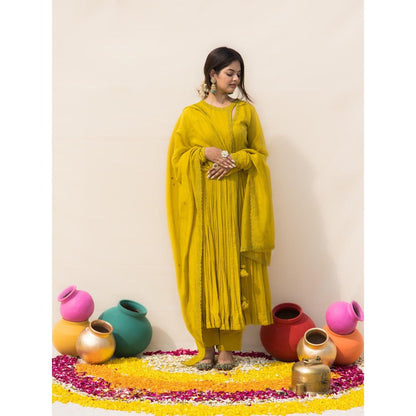 MITHI SUPARI Lime Gulmohar Angarkha Kurta with Pant and Dupatta (Set of 3)