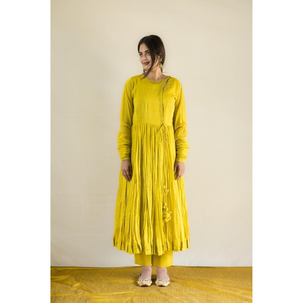 MITHI SUPARI Lime Gulmohar Angarkha Kurta with Pant and Dupatta (Set of 3)