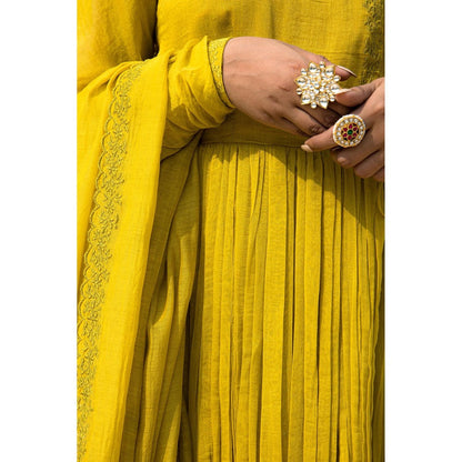 MITHI SUPARI Lime Gulmohar Angarkha Kurta with Pant and Dupatta (Set of 3)