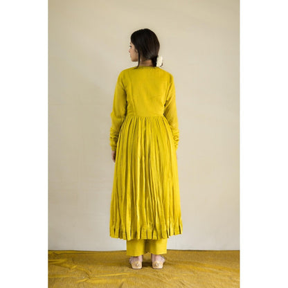 MITHI SUPARI Lime Gulmohar Angarkha Kurta with Pant and Dupatta (Set of 3)