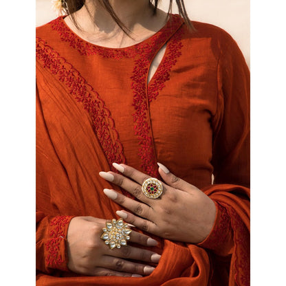 MITHI SUPARI Rust Gulmohar Angarkha Kurta with Pant and Dupatta (Set of 3)