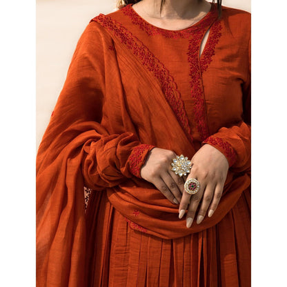 MITHI SUPARI Rust Gulmohar Angarkha Kurta with Pant and Dupatta (Set of 3)