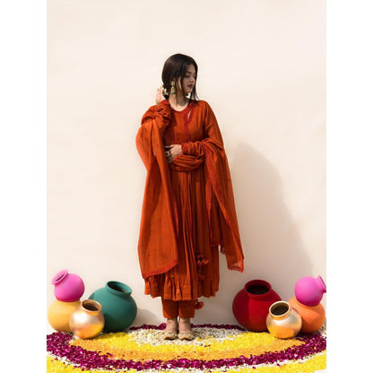 MITHI SUPARI Rust Gulmohar Angarkha Kurta with Pant and Dupatta (Set of 3)