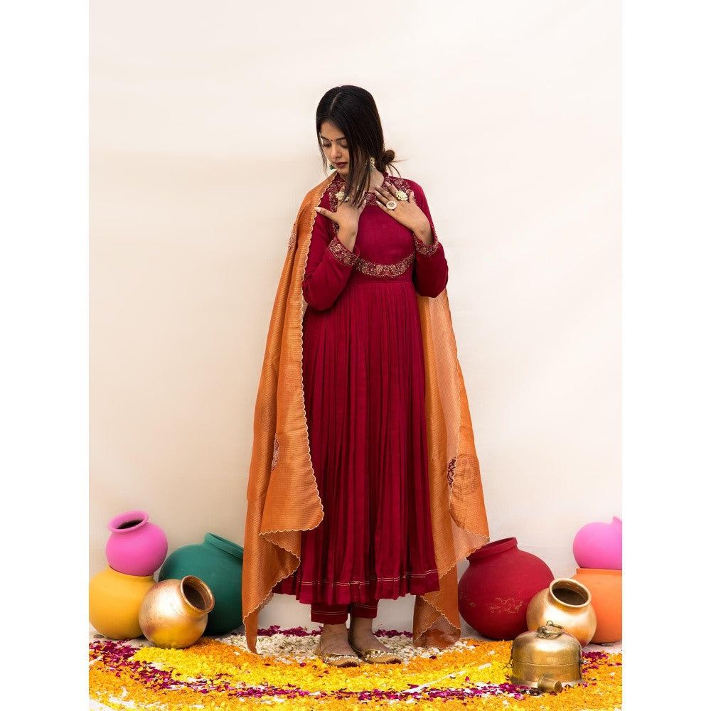 MITHI SUPARI Red Gul Bahaar Anarkali Kurta with Pant and Dupatta (Set of 3)