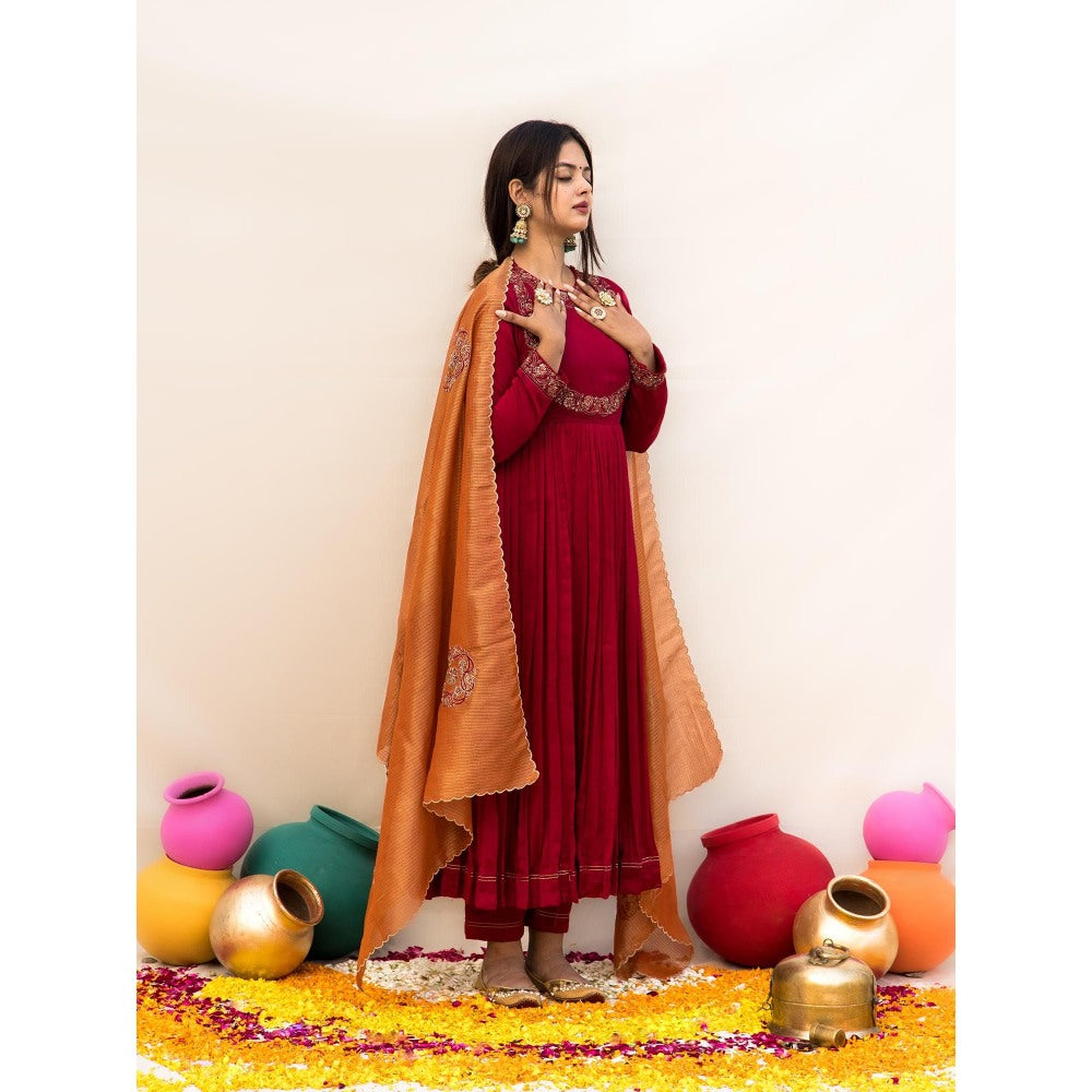 MITHI SUPARI Red Gul Bahaar Anarkali Kurta with Pant and Dupatta (Set of 3)