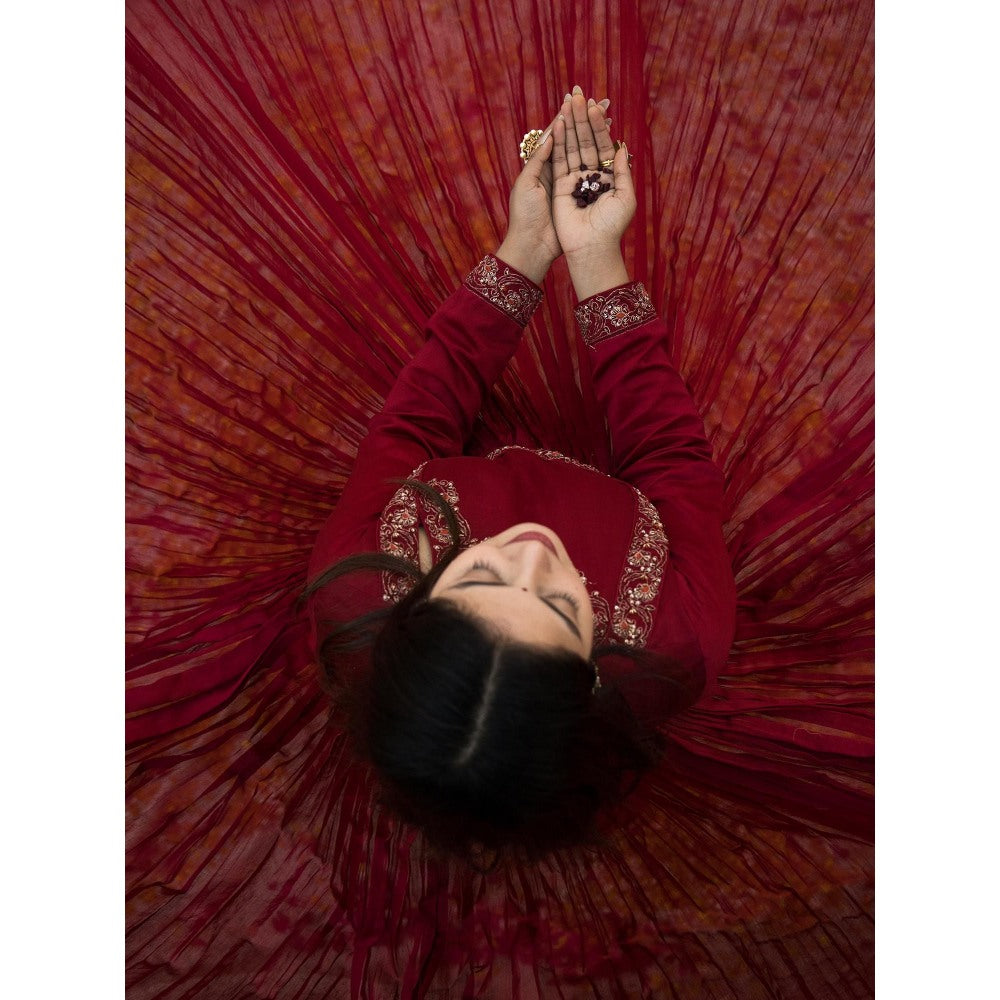 MITHI SUPARI Red Gul Bahaar Anarkali Kurta with Pant and Dupatta (Set of 3)