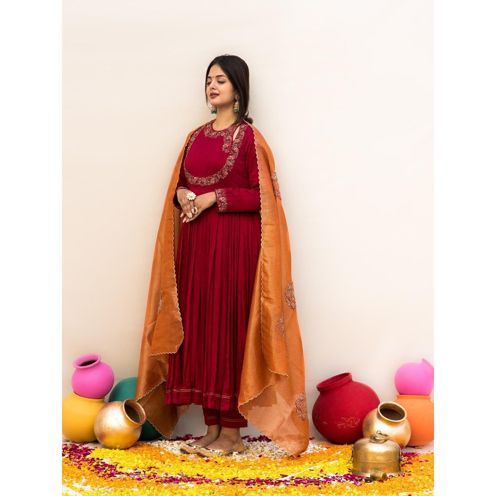 MITHI SUPARI Red Gul Bahaar Anarkali Kurta with Pant and Dupatta (Set of 3)