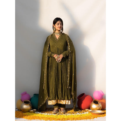 MITHI SUPARI Olive Nargis Anarkali Kurta with Pant and Dupatta (Set of 3)