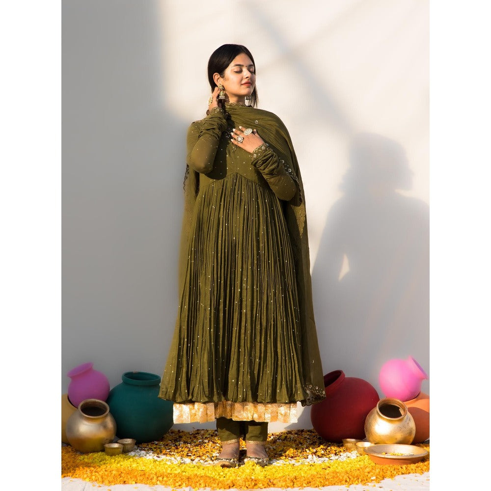MITHI SUPARI Olive Nargis Anarkali Kurta with Pant and Dupatta (Set of 3)