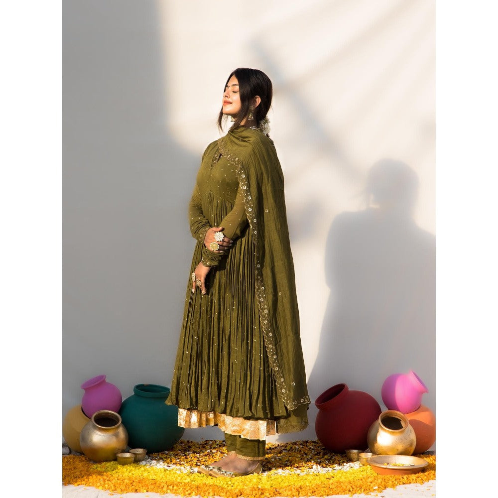 MITHI SUPARI Olive Nargis Anarkali Kurta with Pant and Dupatta (Set of 3)