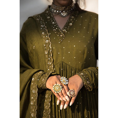 MITHI SUPARI Olive Nargis Anarkali Kurta with Pant and Dupatta (Set of 3)