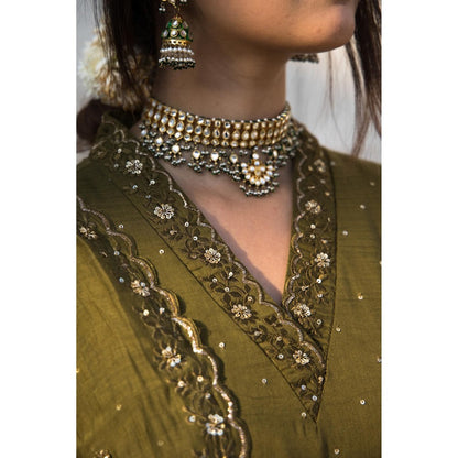 MITHI SUPARI Olive Nargis Anarkali Kurta with Pant and Dupatta (Set of 3)