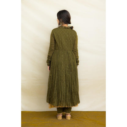 MITHI SUPARI Olive Nargis Anarkali Kurta with Pant and Dupatta (Set of 3)