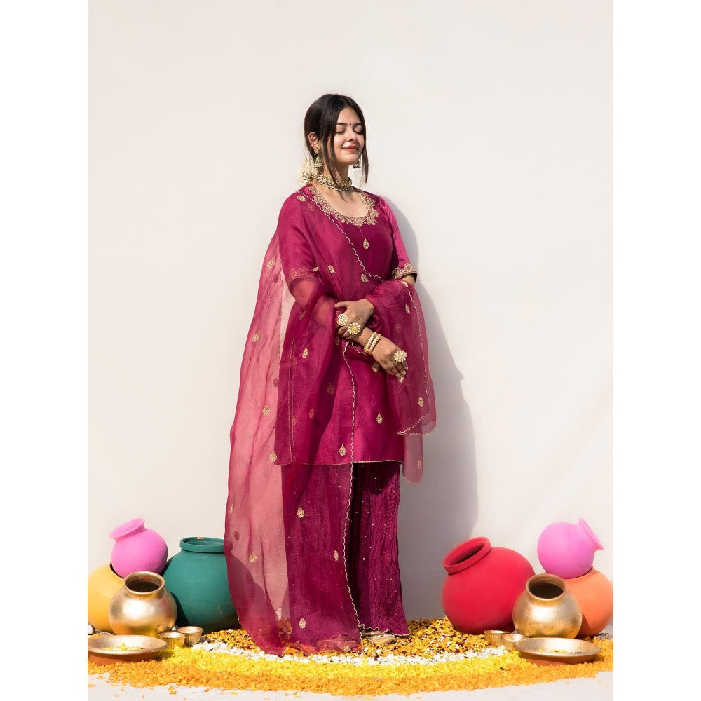 MITHI SUPARI Wine Jasvanti Embroidered Kurta with Palazzo and Dupatta (Set of 3)