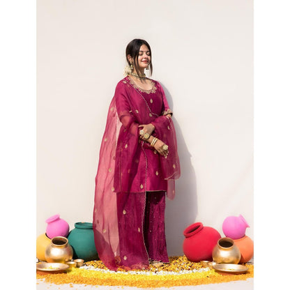 MITHI SUPARI Wine Jasvanti Embroidered Kurta with Palazzo and Dupatta (Set of 3)