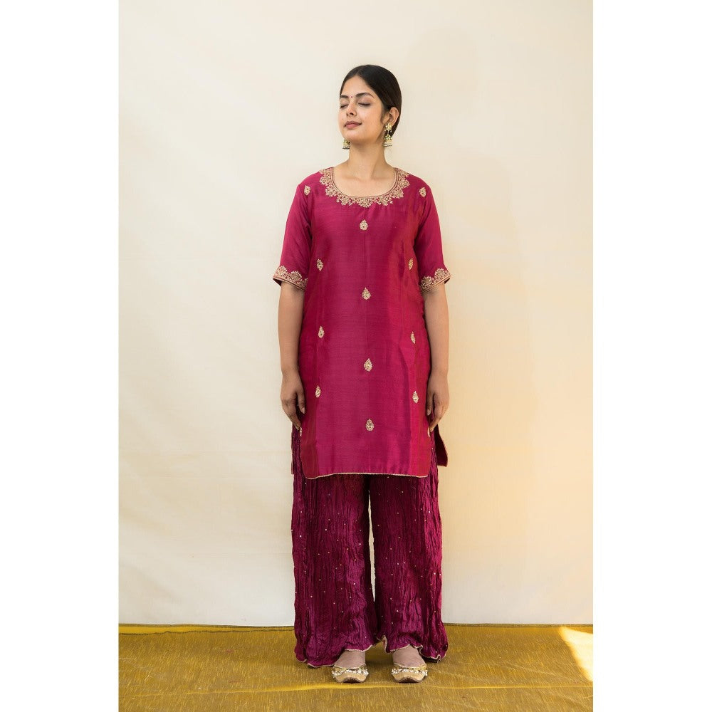 MITHI SUPARI Wine Jasvanti Embroidered Kurta with Palazzo and Dupatta (Set of 3)