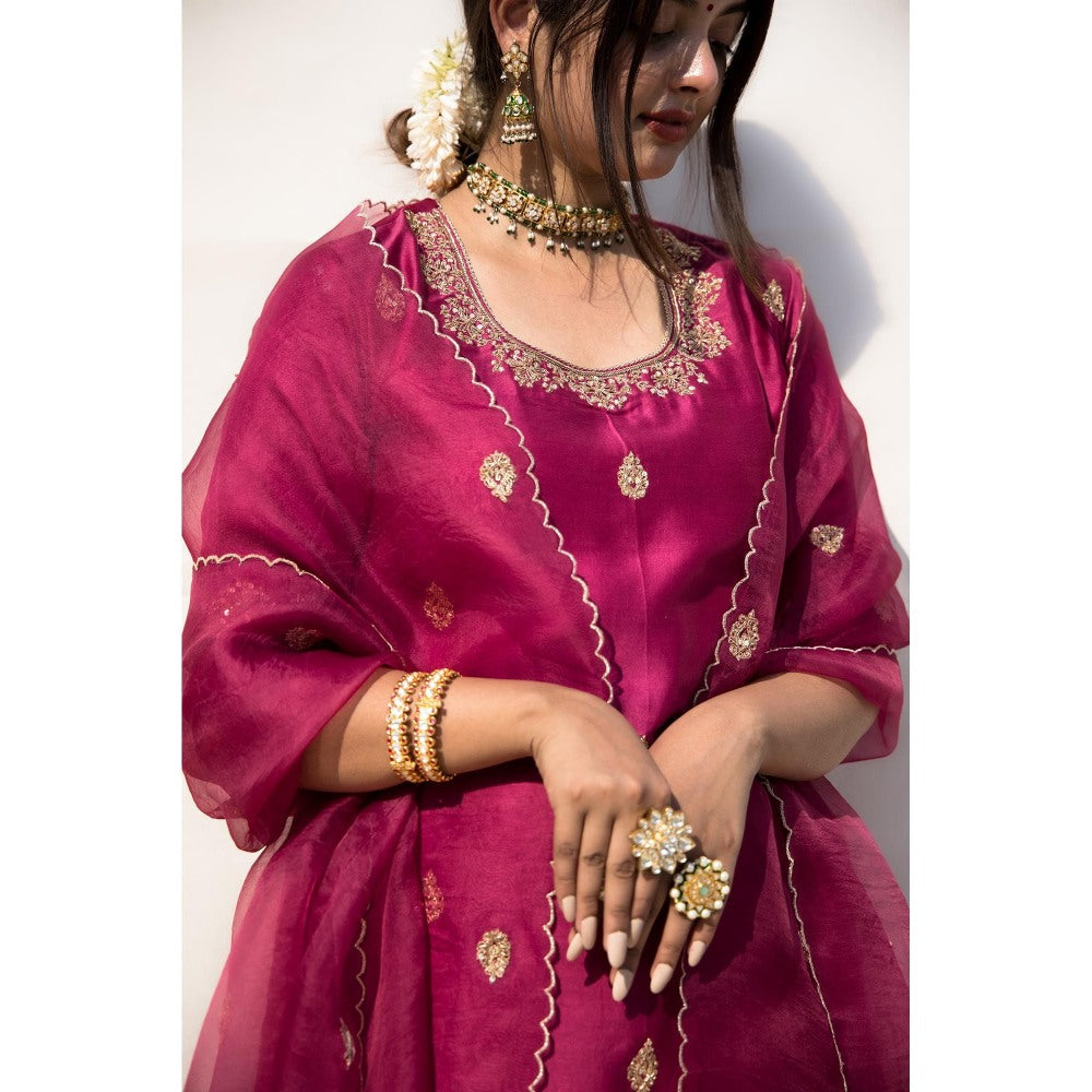 MITHI SUPARI Wine Jasvanti Embroidered Kurta with Palazzo and Dupatta (Set of 3)