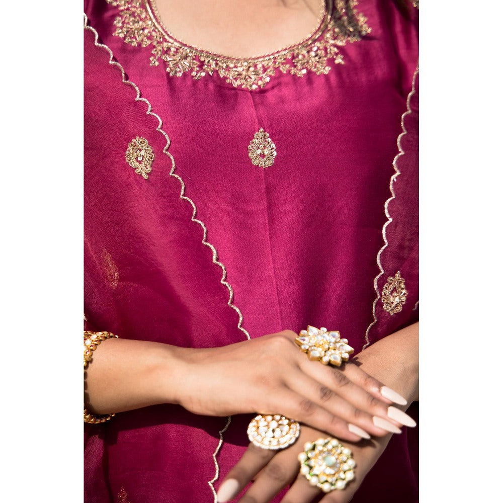MITHI SUPARI Wine Jasvanti Embroidered Kurta with Palazzo and Dupatta (Set of 3)