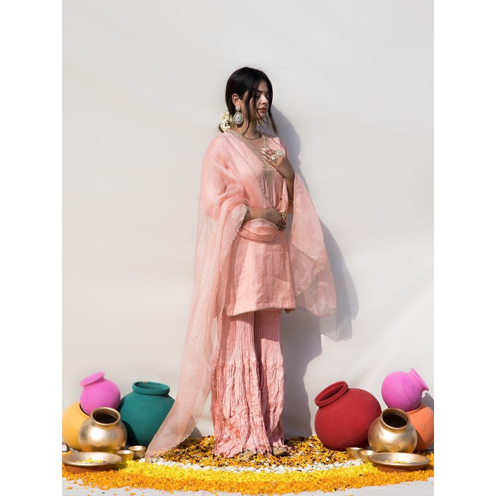 MITHI SUPARI Peach Shevanti Kurti with Sharara and Dupatta (Set of 3)