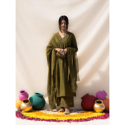 MITHI SUPARI Olive Savani Embroidered and Sequined Kurta with Palazzo and Dupatta (Set of 3)