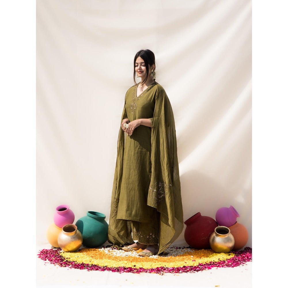 MITHI SUPARI Olive Savani Embroidered and Sequined Kurta with Palazzo and Dupatta (Set of 3)