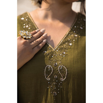 MITHI SUPARI Olive Savani Embroidered and Sequined Kurta with Palazzo and Dupatta (Set of 3)