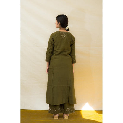 MITHI SUPARI Olive Savani Embroidered and Sequined Kurta with Palazzo and Dupatta (Set of 3)