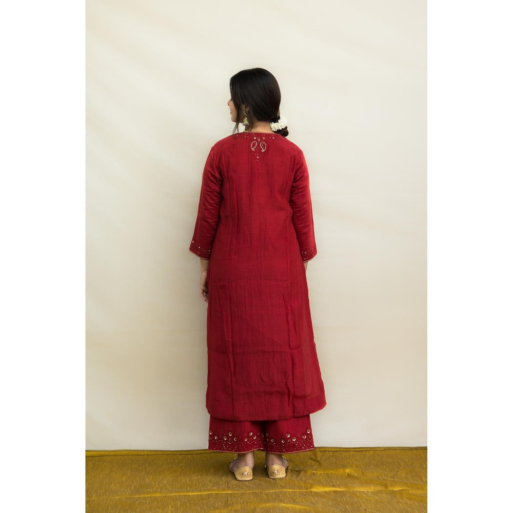 MITHI SUPARI Red Savani Embroidered and Sequined Kurta with Palazzo and Dupatta (Set of 3)