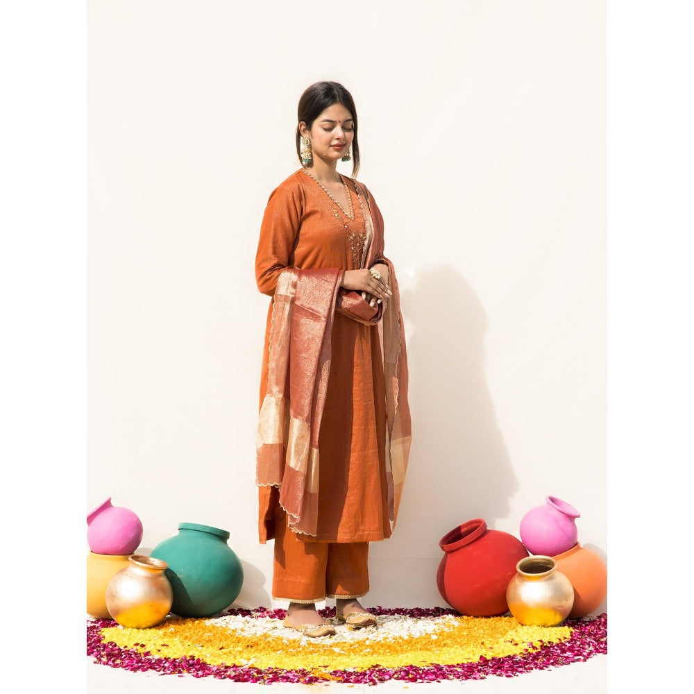 MITHI SUPARI Rust Kesar Embroidered and Mirror Work Kurta with Pant and Dupatta (Set of 3)