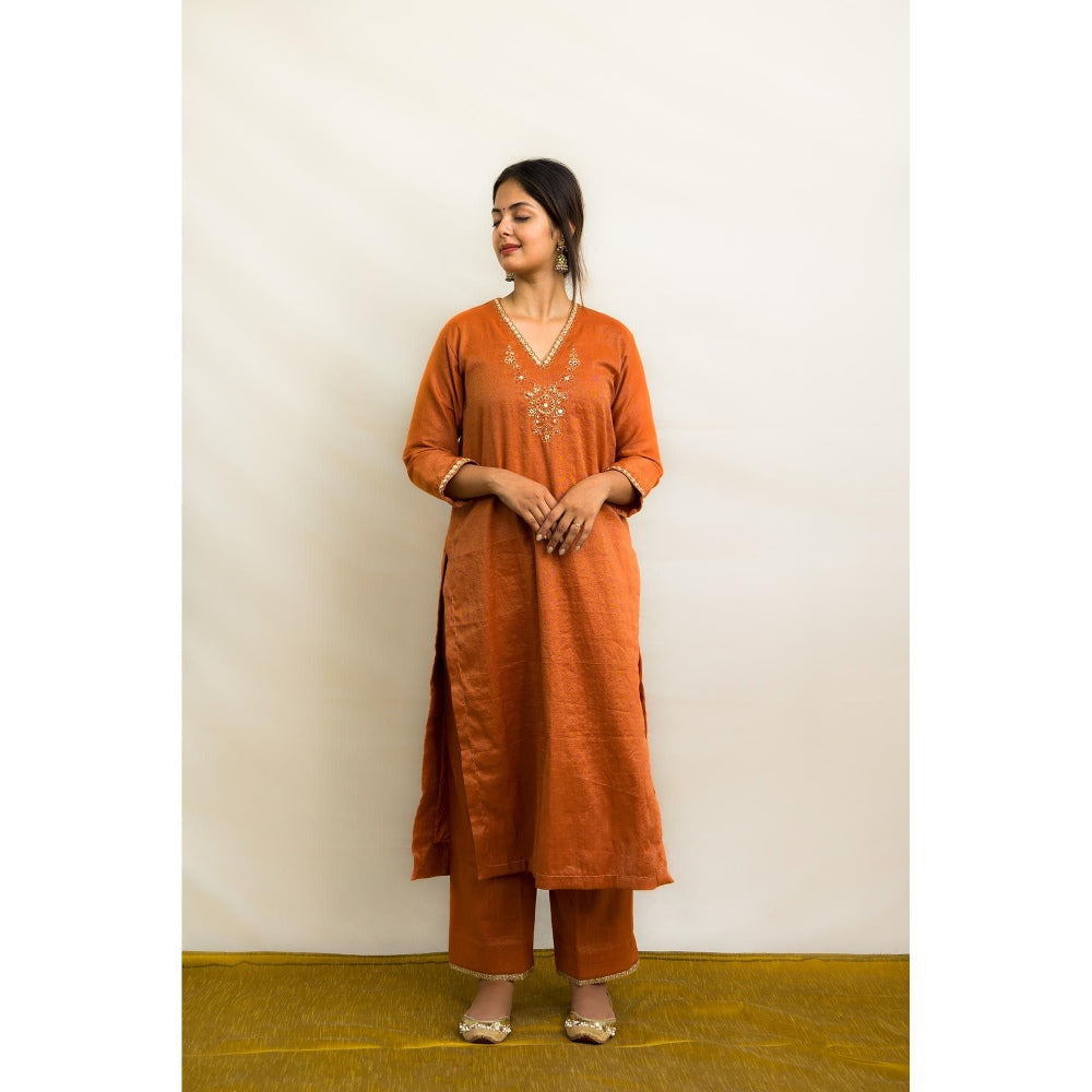 MITHI SUPARI Rust Kesar Embroidered and Mirror Work Kurta with Pant and Dupatta (Set of 3)