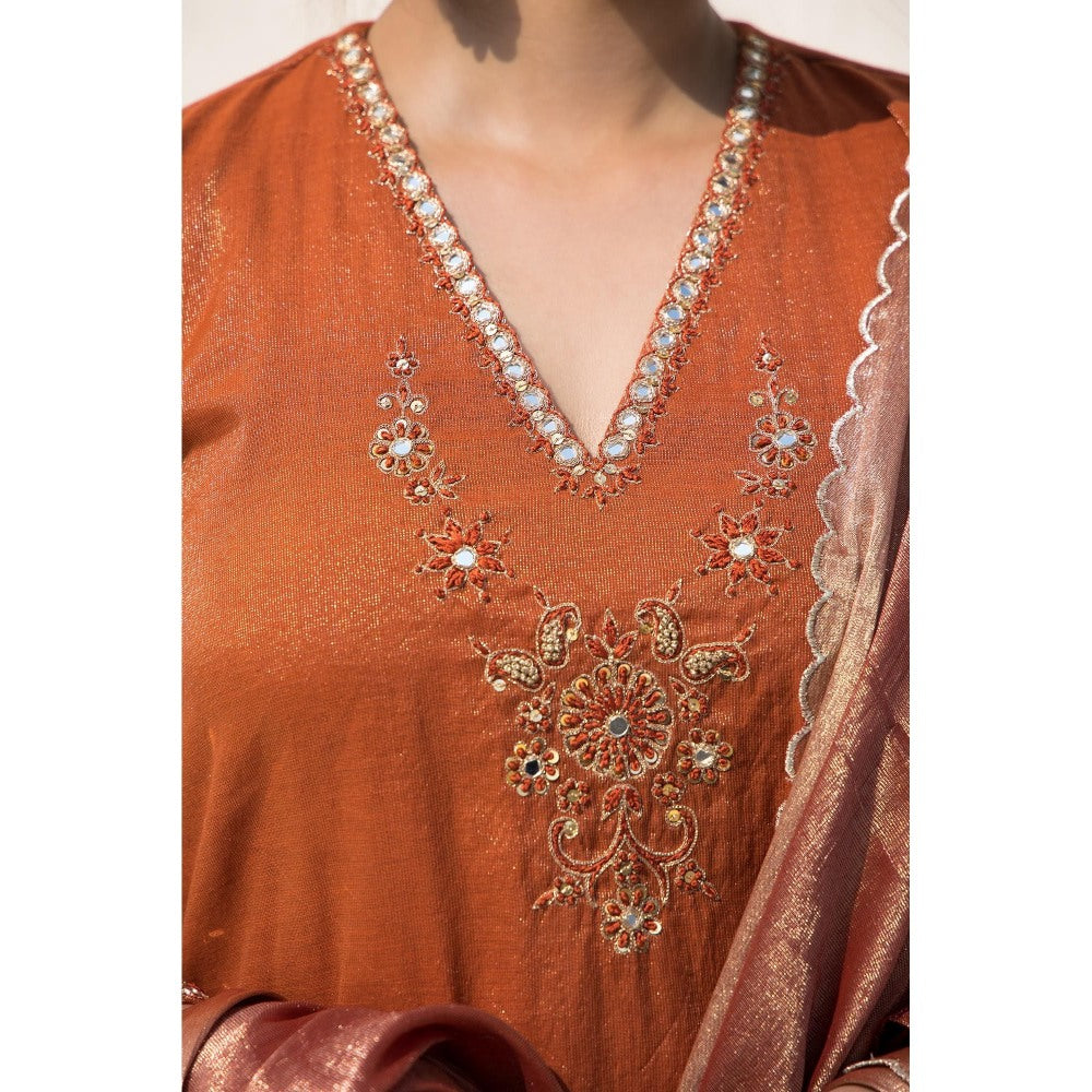 MITHI SUPARI Rust Kesar Embroidered and Mirror Work Kurta with Pant and Dupatta (Set of 3)