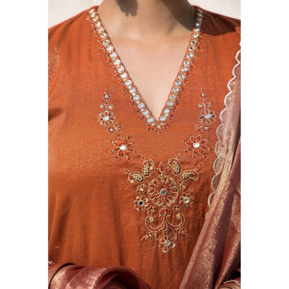 MITHI SUPARI Rust Kesar Embroidered and Mirror Work Kurta with Pant and Dupatta (Set of 3)