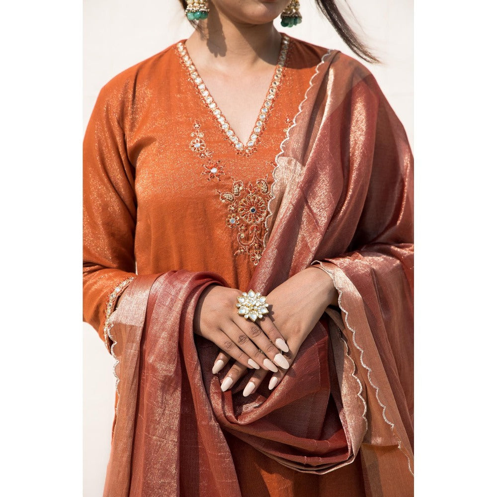 MITHI SUPARI Rust Kesar Embroidered and Mirror Work Kurta with Pant and Dupatta (Set of 3)