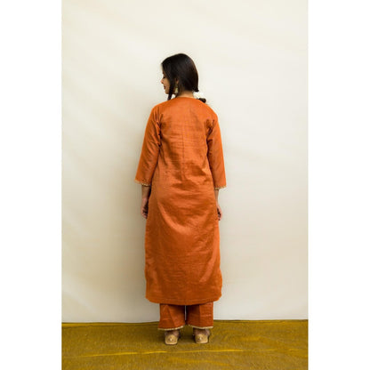MITHI SUPARI Rust Kesar Embroidered and Mirror Work Kurta with Pant and Dupatta (Set of 3)