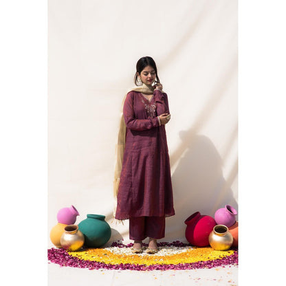 MITHI SUPARI Wine Bedina Anarkali Kurta with Pant and Dupatta (Set of 3)